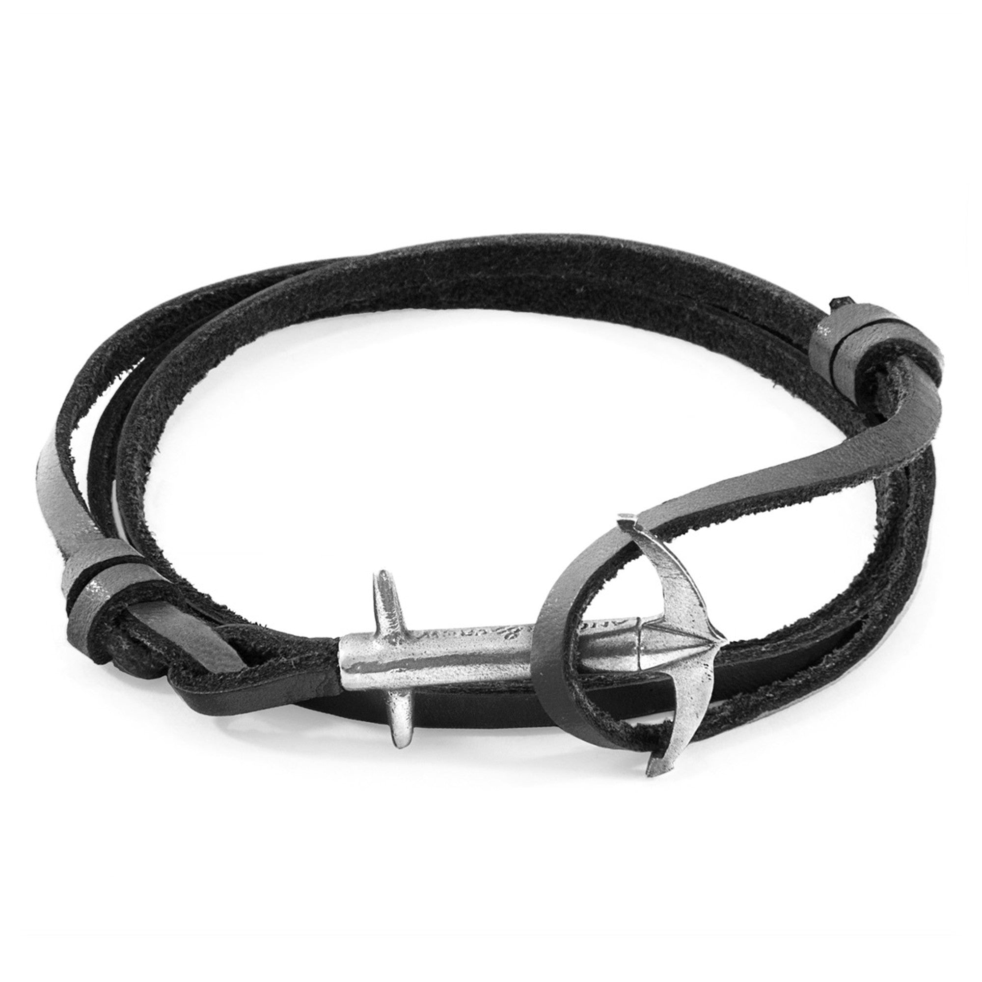 Admiral Anchor Silver and Flat Leather Bracelet - Coal Black
