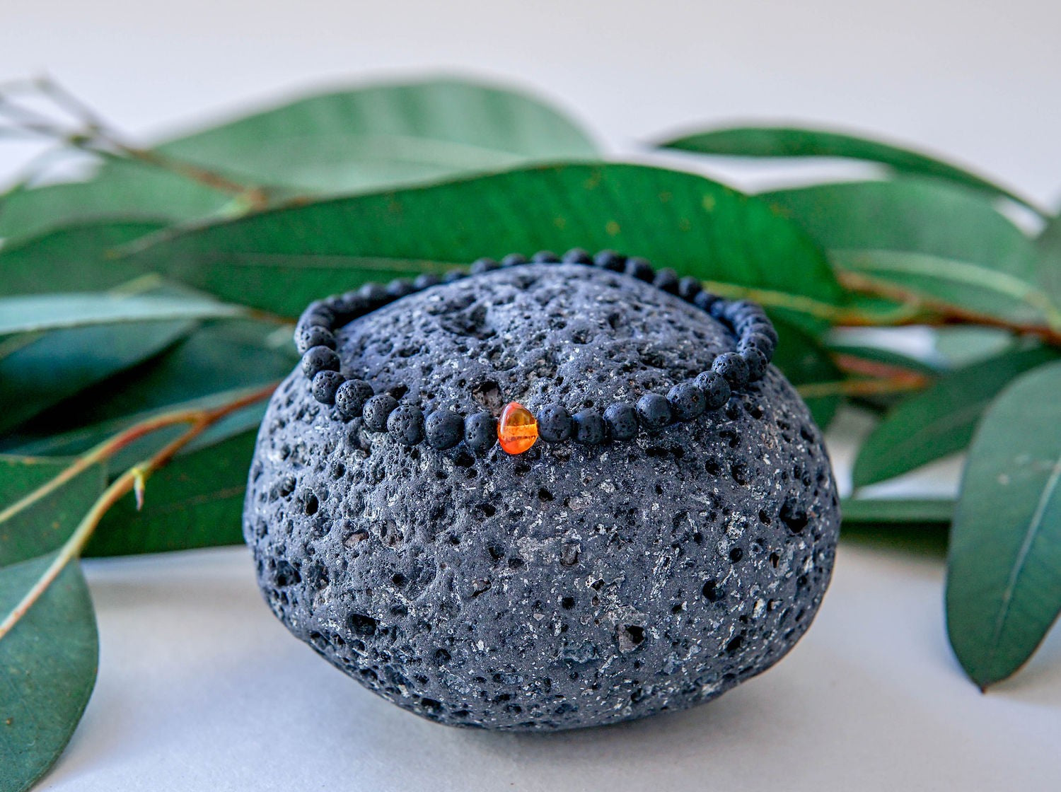 Baltic Amber and Black Lava Bracelet for Men